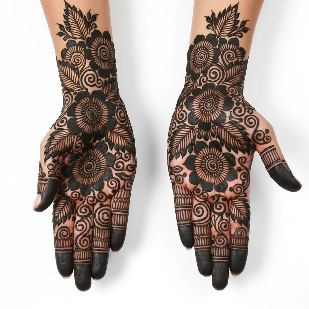Arabic mehndi design featuring elegant Arabic style floral and leafy patterns