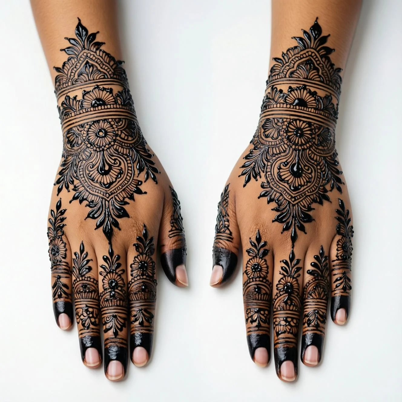 Modern Arabic back side hand mehndi design showcasing intricate floral and vine henna patterns