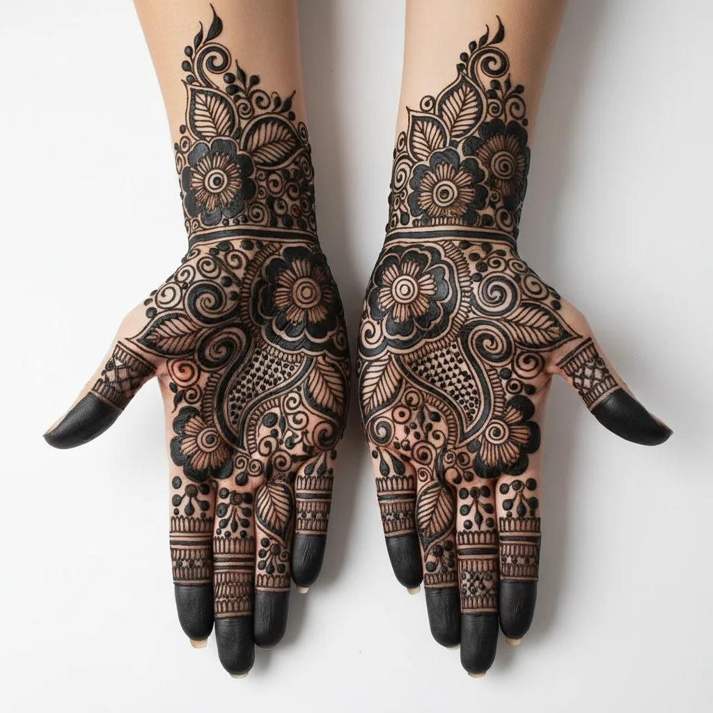Stylish Arabic mehndi design with bold stroke patterns and leafy details