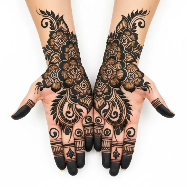 Stylish Arabic bridal mehndi design for wedding celebrations with intricate henna artwork