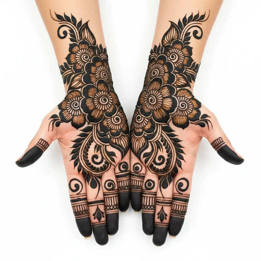 Stylish Arabic bridal mehndi design for wedding celebrations with intricate henna artwork
