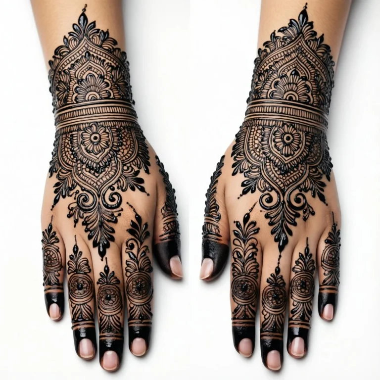 Traditional Arabic full hand bridal henna design showcasing luxurious wedding patterns
