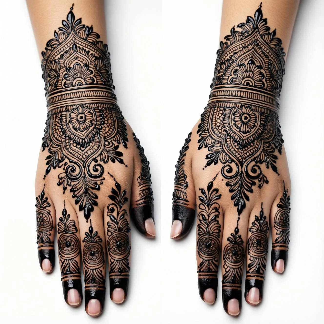 Traditional Arabic full hand bridal henna design showcasing luxurious wedding patterns