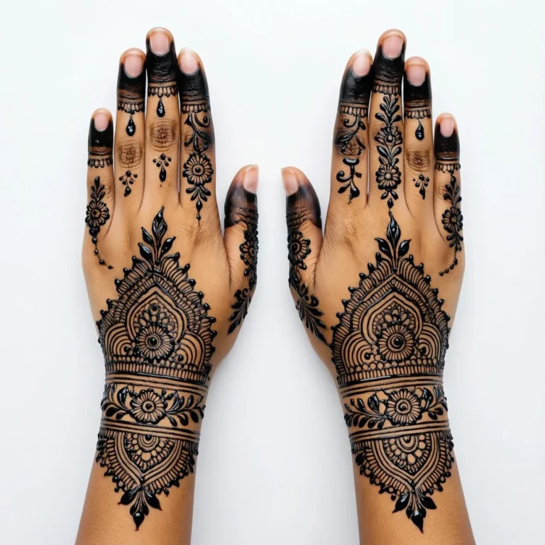 Beautiful Arabic half hand mehndi design featuring easy floral henna artwork
