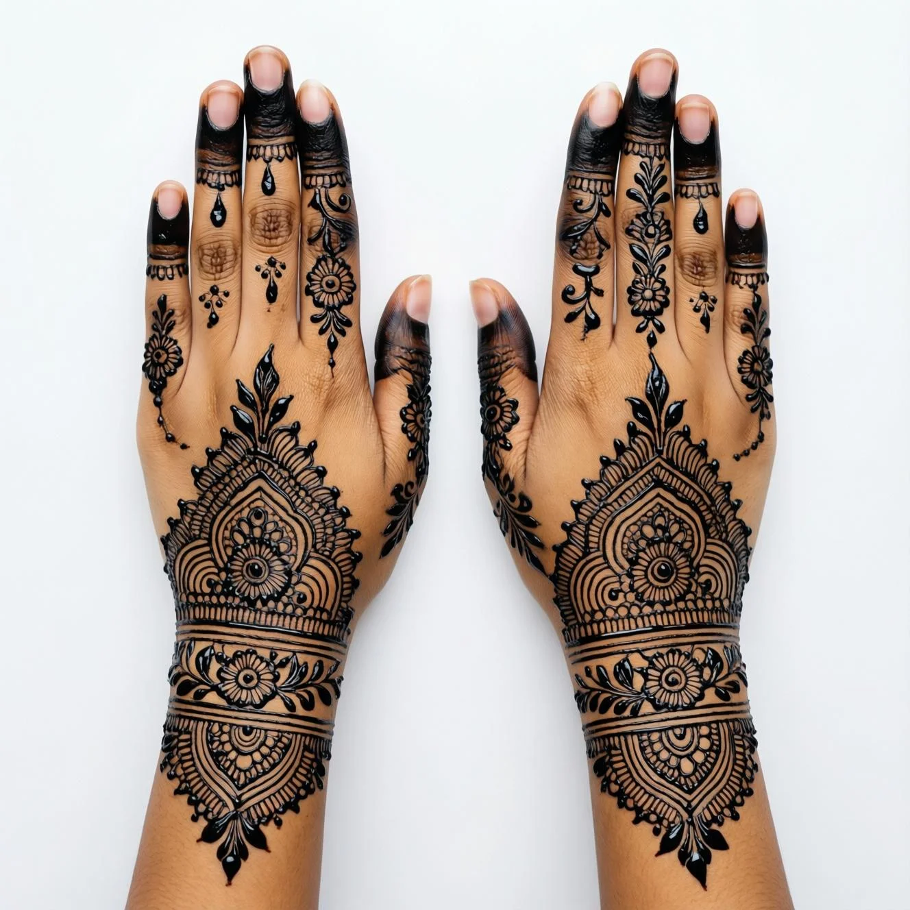 Beautiful Arabic half hand mehndi design featuring easy floral henna artwork