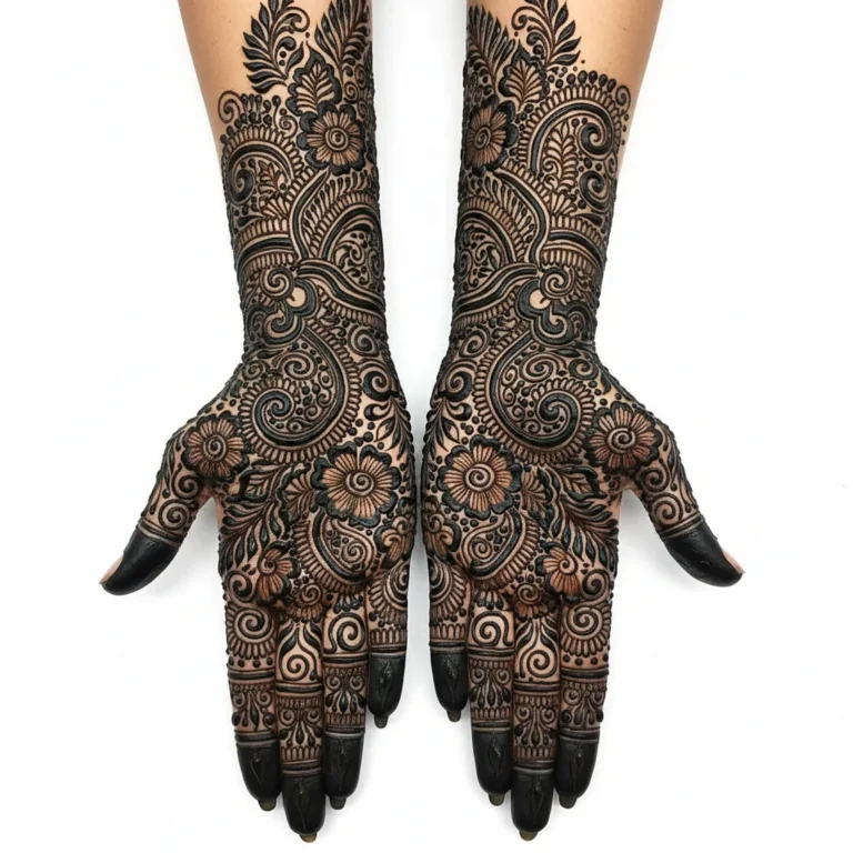 Heavy Arabic bridal mehndi design with intricate floral and paisley henna patterns