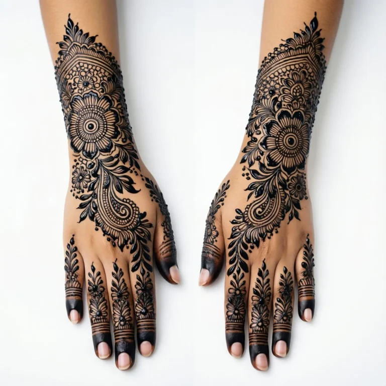 Arabic mehndi design with elegant leaf pattern and floral henna artwork