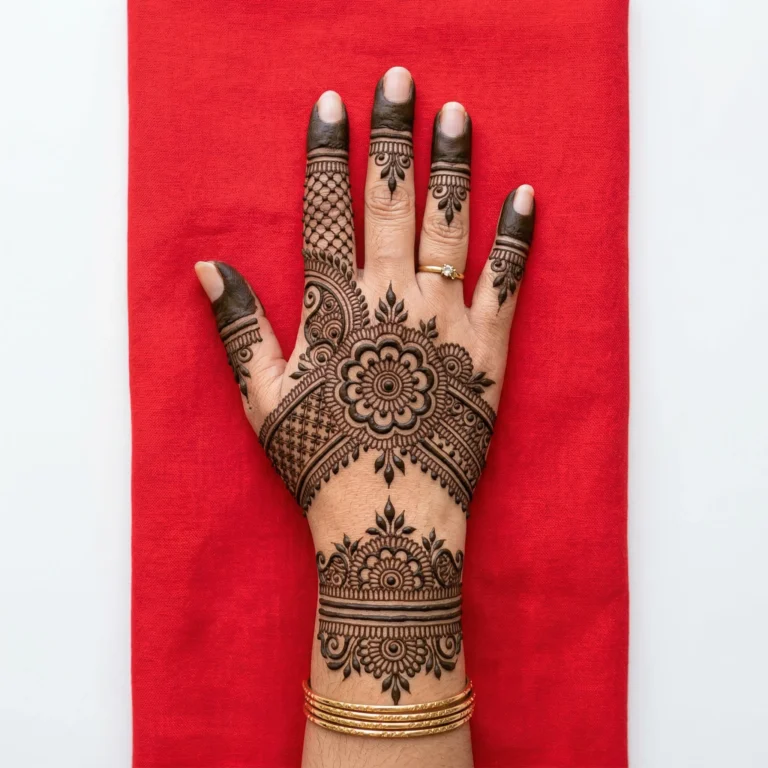 Modern Arabic minimal henna design showcasing clean floral and leafy motifs