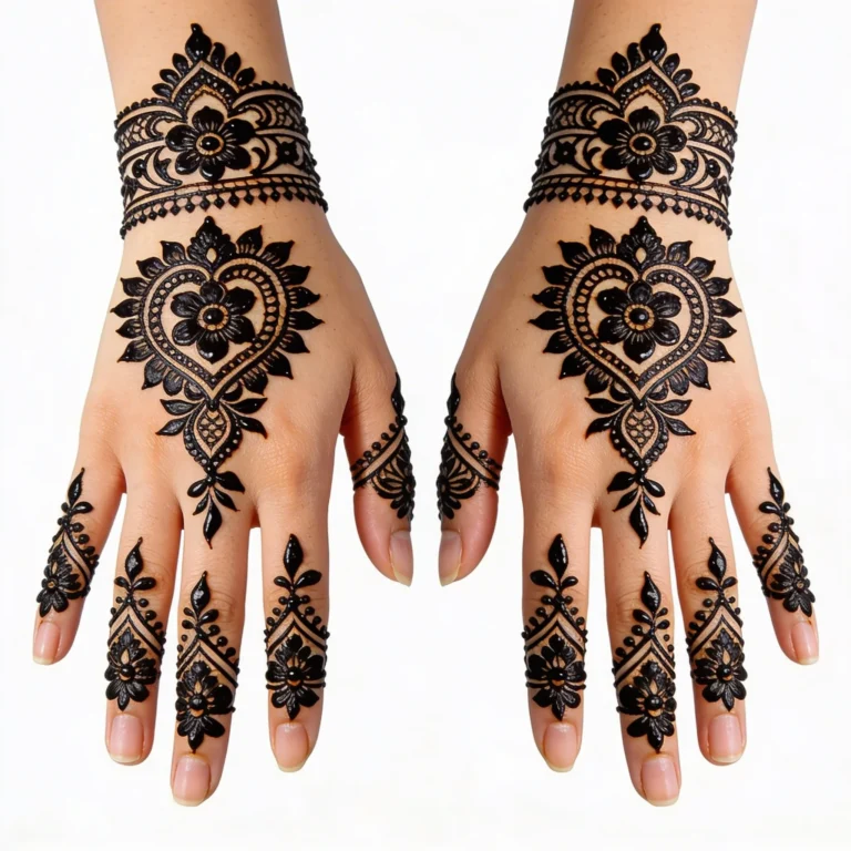 Easy Arabic back hand mehndi design with graceful flower and vine patterns