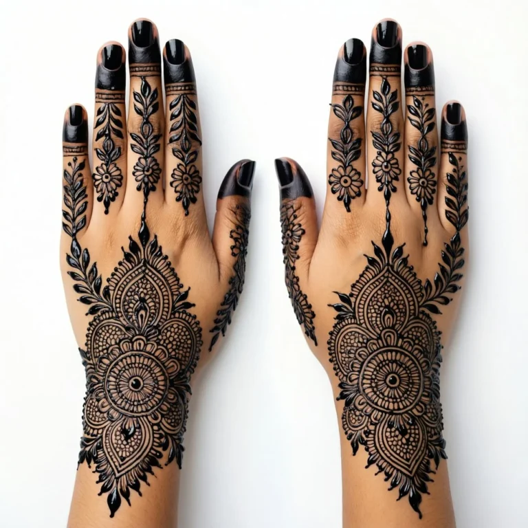 Modern Arabic mehndi design with a unique style and intricate paisley patterns