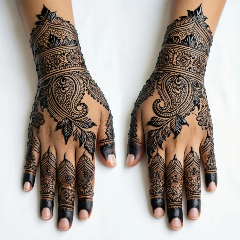 Arabic mehndi design with flowers and leaves featuring elegant floral henna artwork