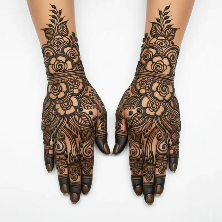 Arabic mehndi design with roses featuring elegant floral henna patterns