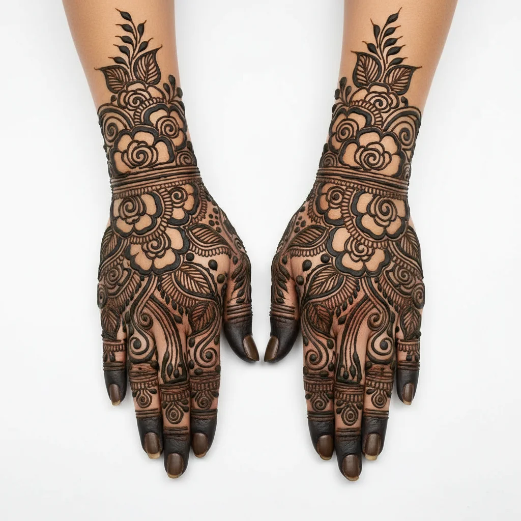 Arabic mehndi design with roses featuring elegant floral henna patterns