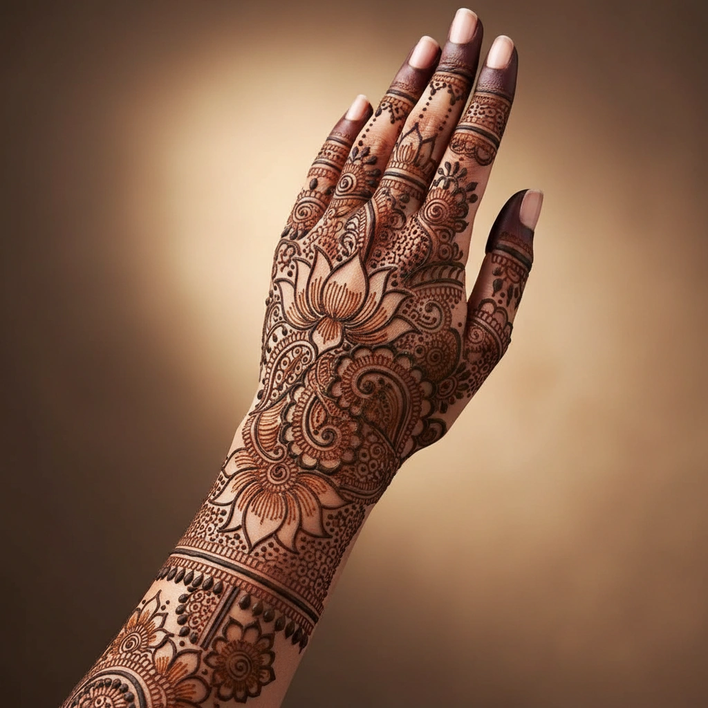 Artistic back hand mehndi design with elegant floral and decorative patterns