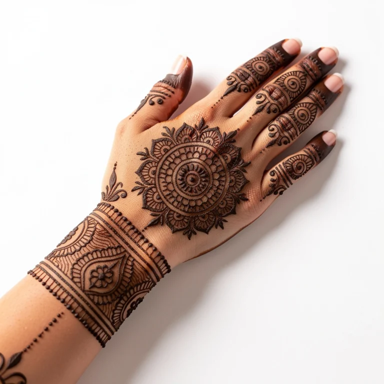 Beautiful artistic back hand mehndi design featuring intricate henna patterns