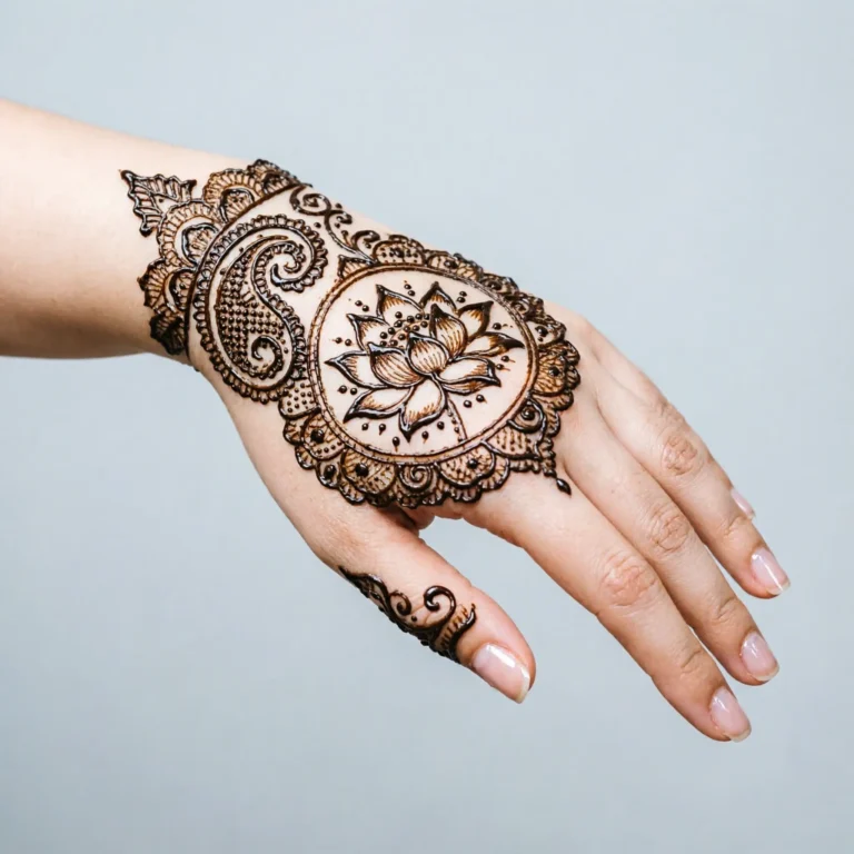 Stylish beautiful back hand mehndi design featuring detailed henna artwork