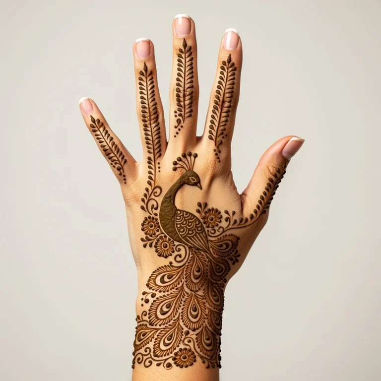 Beautiful modern back hand mehndi design featuring intricate henna artwork