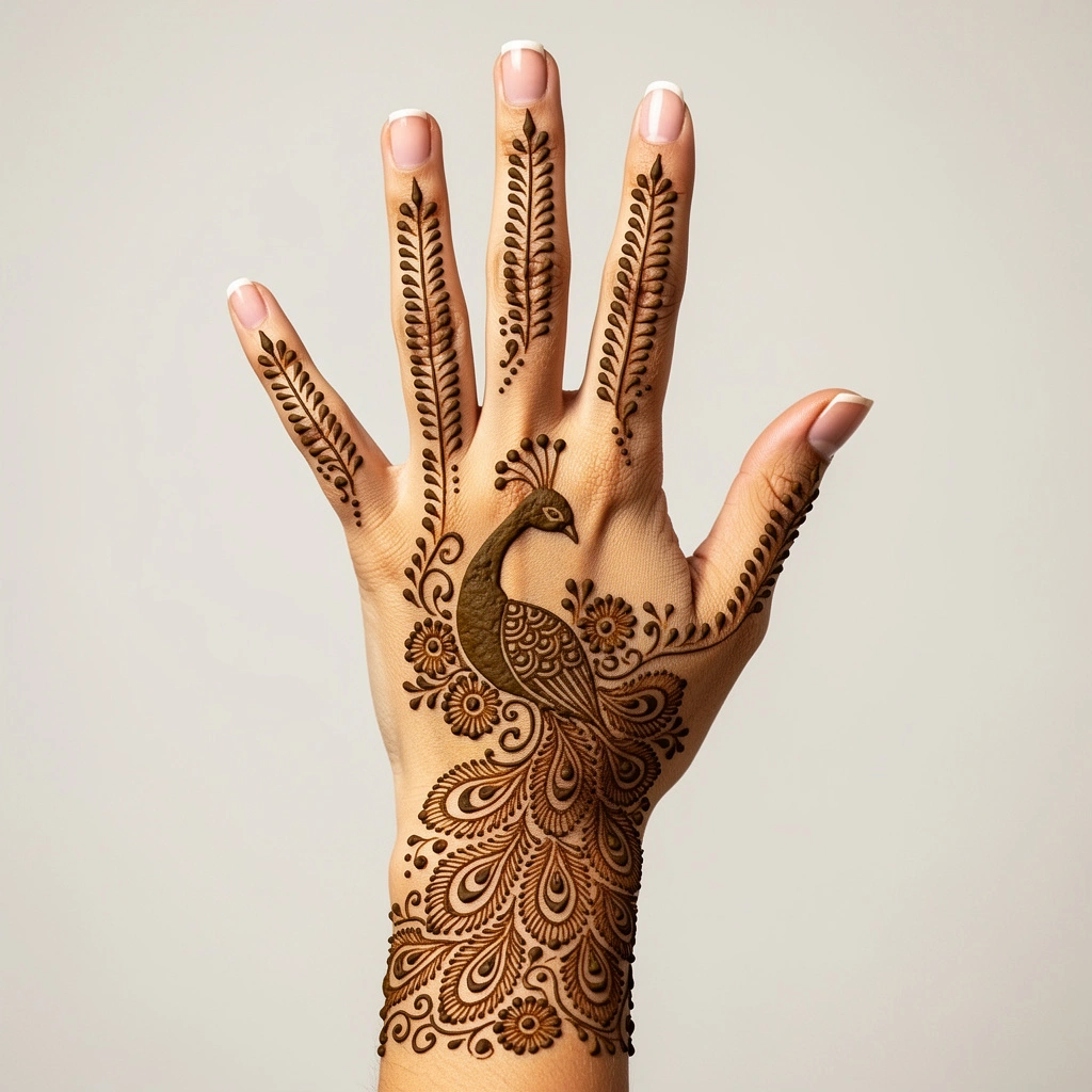 Beautiful modern back hand mehndi design featuring intricate henna artwork