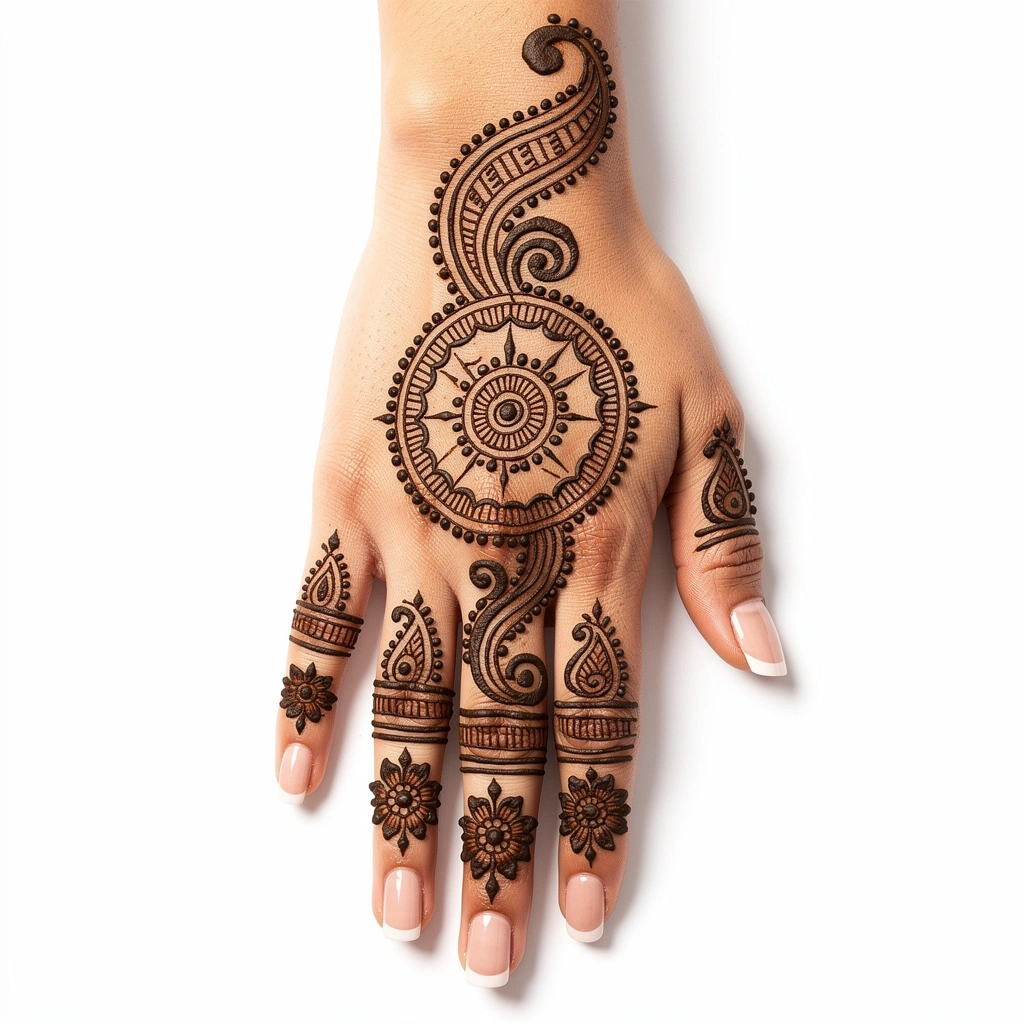 Beautiful back hand mehndi design featuring intricate back side henna patterns