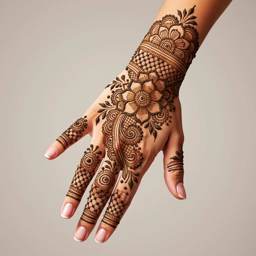 Back hand mehndi design with bold floral henna patterns