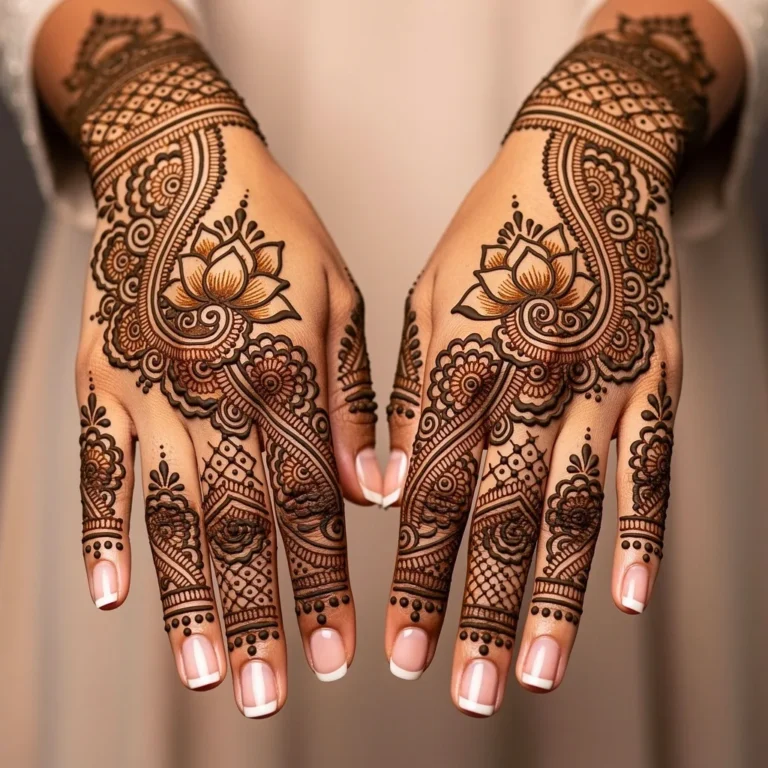 Beautiful bridal back hand mehndi design featuring elegant wedding henna artwork