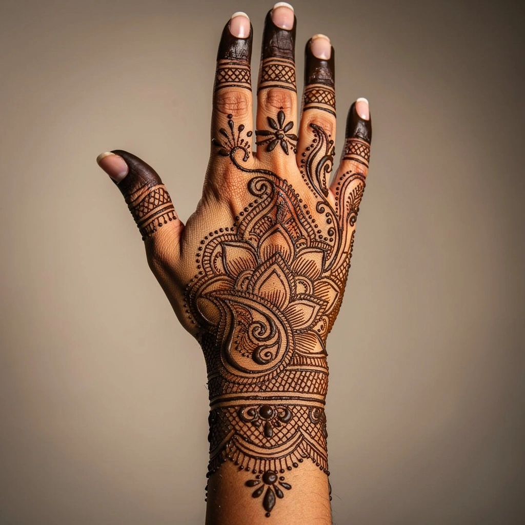 Back hand mehndi design with elegant chain pattern and floral henna artwork