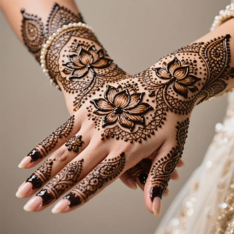 Beautiful back hand mehndi design featuring creative floral and decorative henna artwork