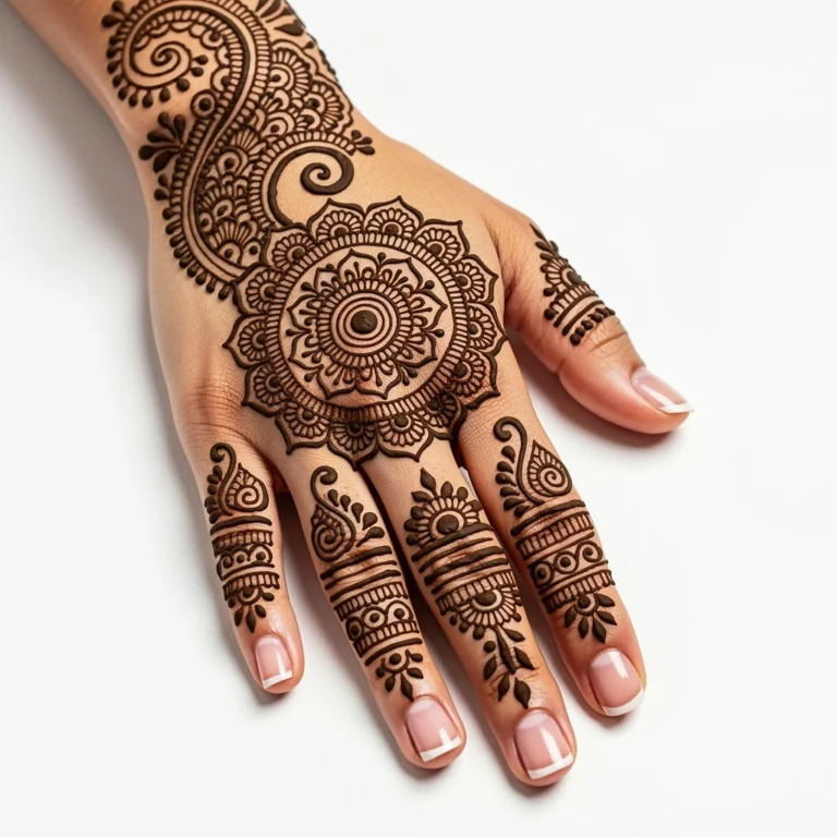 Back hand mehndi design with elegant curved pattern and floral henna artwork