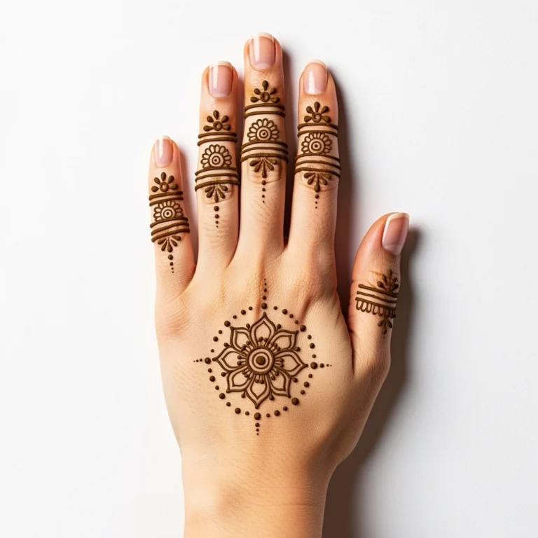 Beautiful easy back hand mehndi design featuring simple floral henna artwork