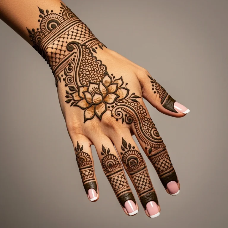 Elegant back hand mehndi design with intricate floral henna patterns