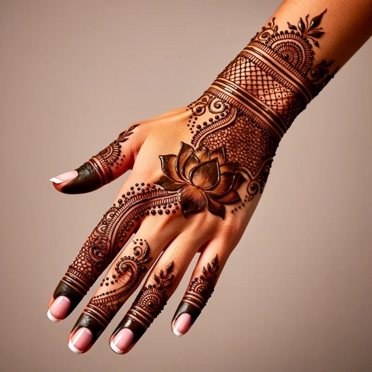 Beautiful back hand mehndi design featuring elegant floral henna artwork