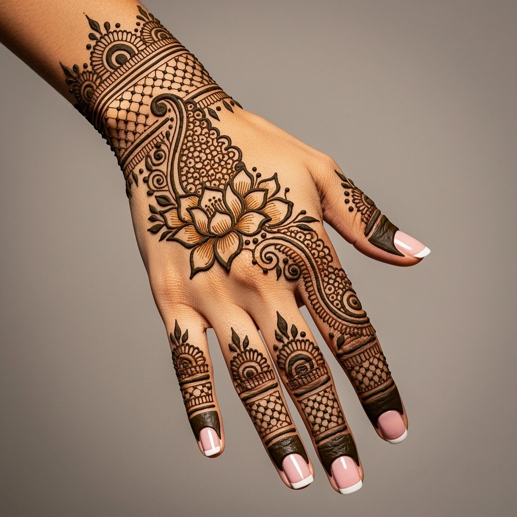 Elegant back hand mehndi design with intricate floral henna patterns