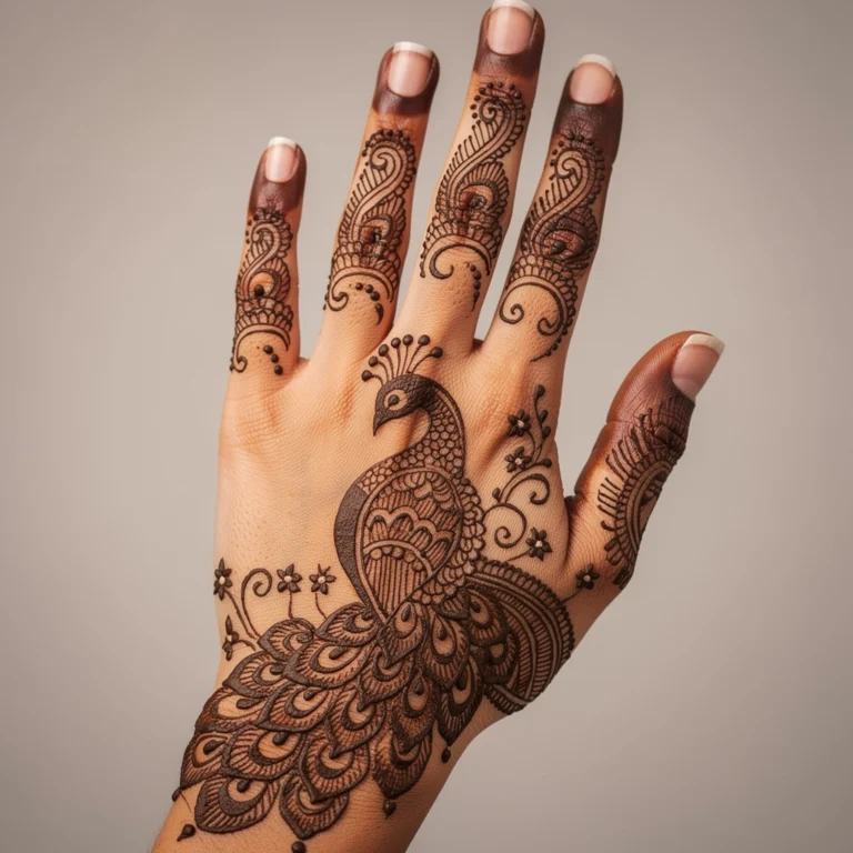 Beautiful back hand mehndi design for festivals featuring intricate floral henna artwork