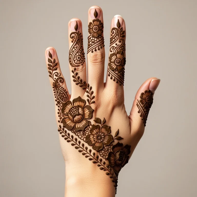 Back hand floral mehndi design with elegant flower henna patterns
