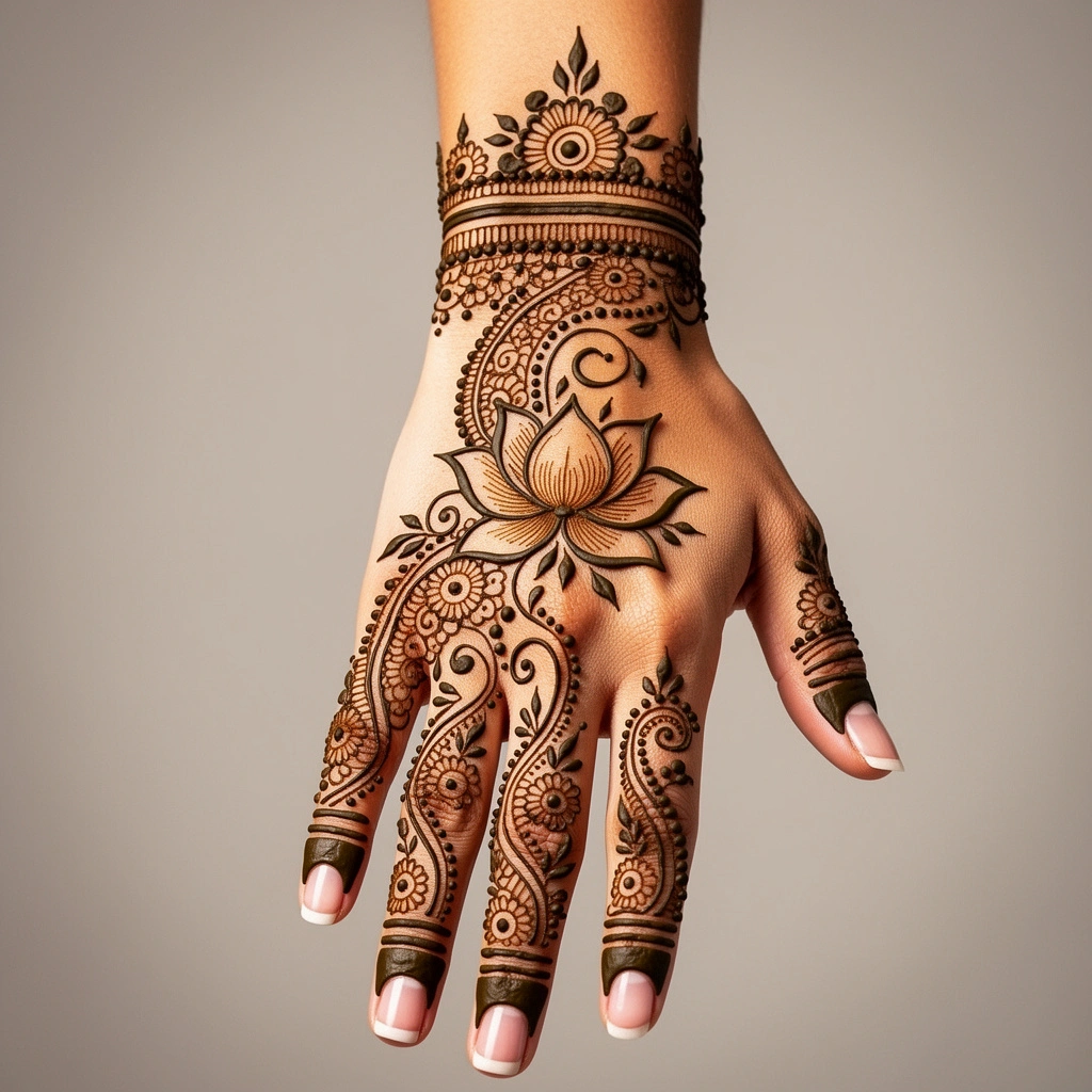 Beautiful back hand mehndi design featuring intricate floral hand pattern artwork