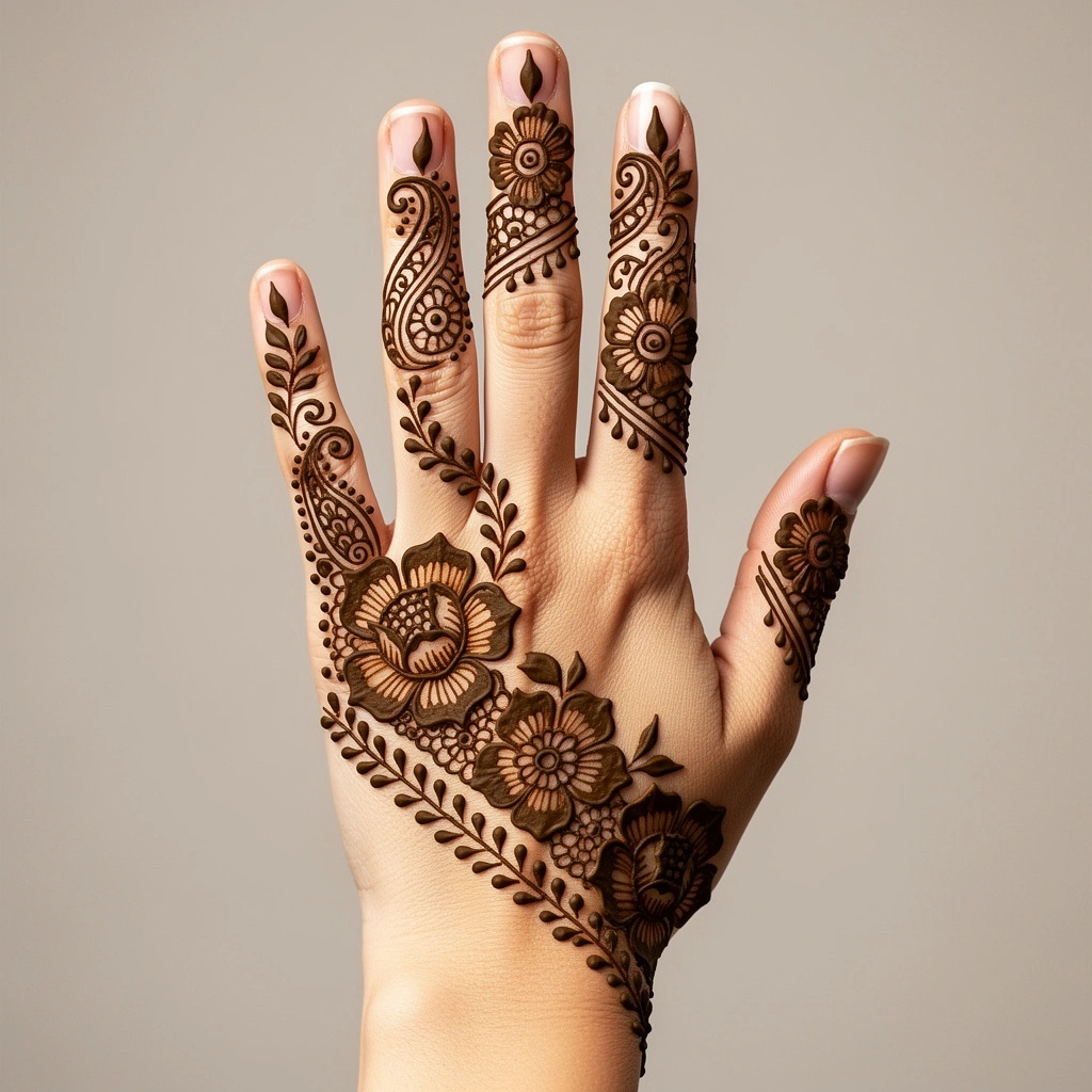 Back hand floral mehndi design with elegant flower henna patterns