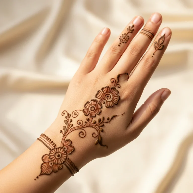 Back hand flower pattern mehndi design with elegant floral henna artwork