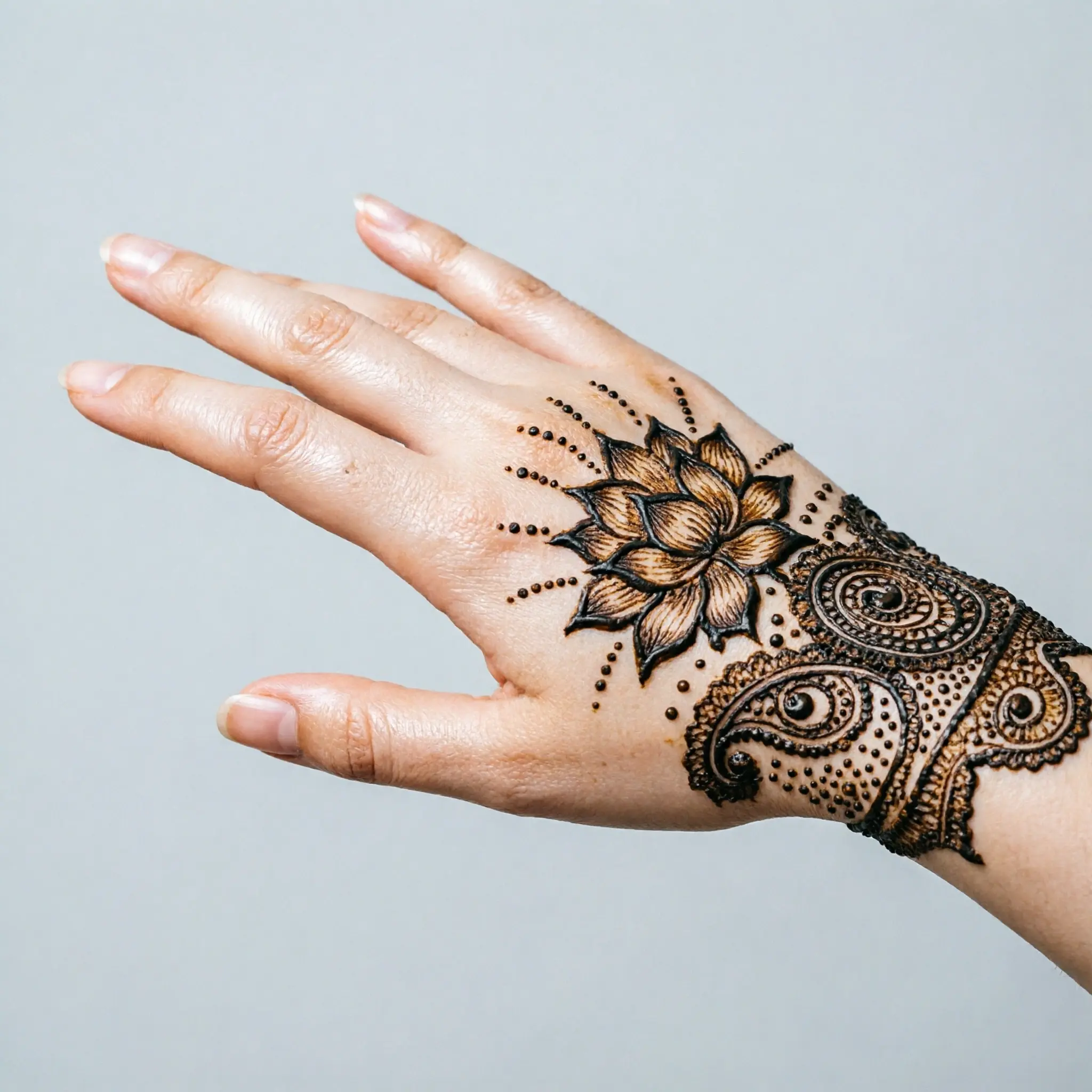 Back hand mehndi design with elegant hand artwork and floral henna patterns