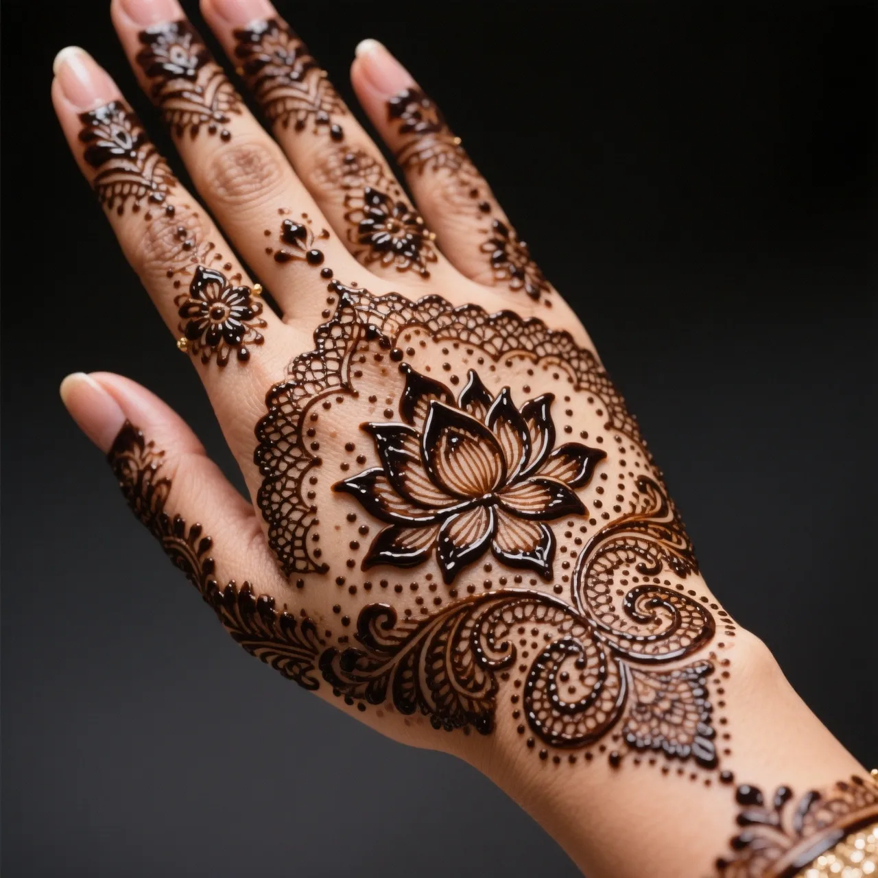 Heavy back hand mehndi design with intricate floral henna patterns