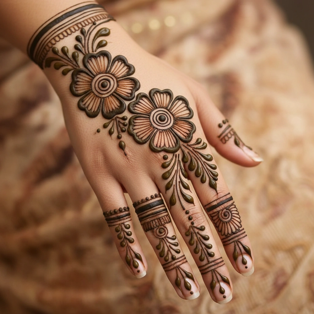 Back hand Karwa Chauth mehndi design with elegant floral henna patterns