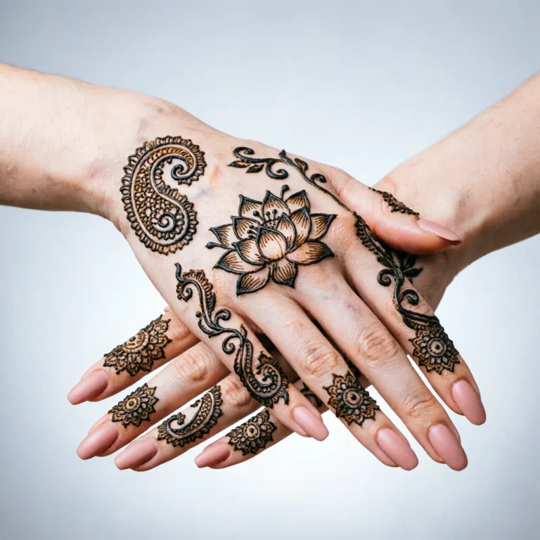 Latest back hand mehndi design with elegant floral henna patterns