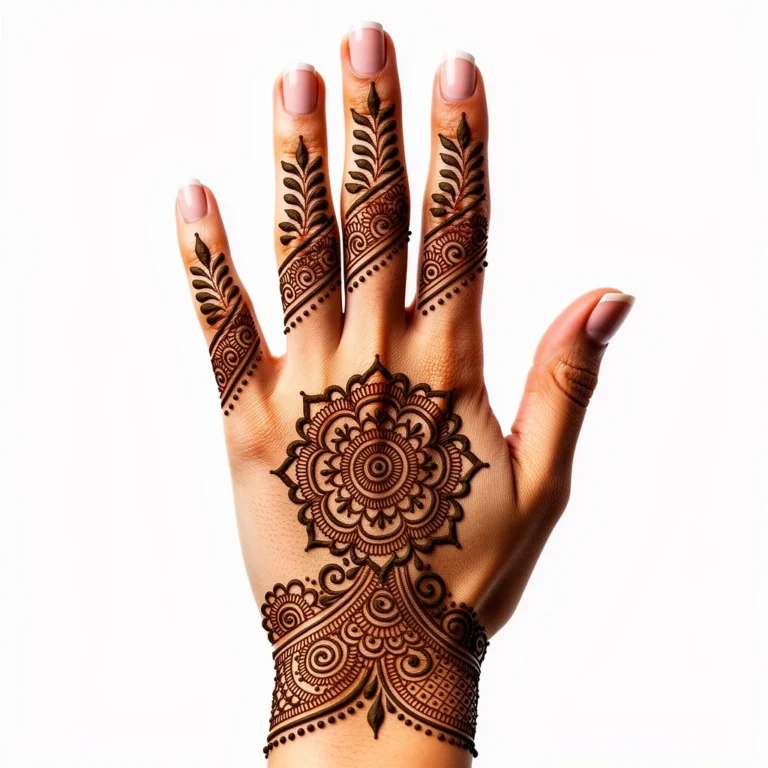 Back hand leaf pattern mehndi design with elegant botanical henna artwork