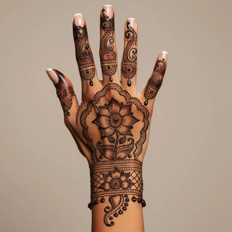 Back hand mehndi art design with elegant floral henna patterns