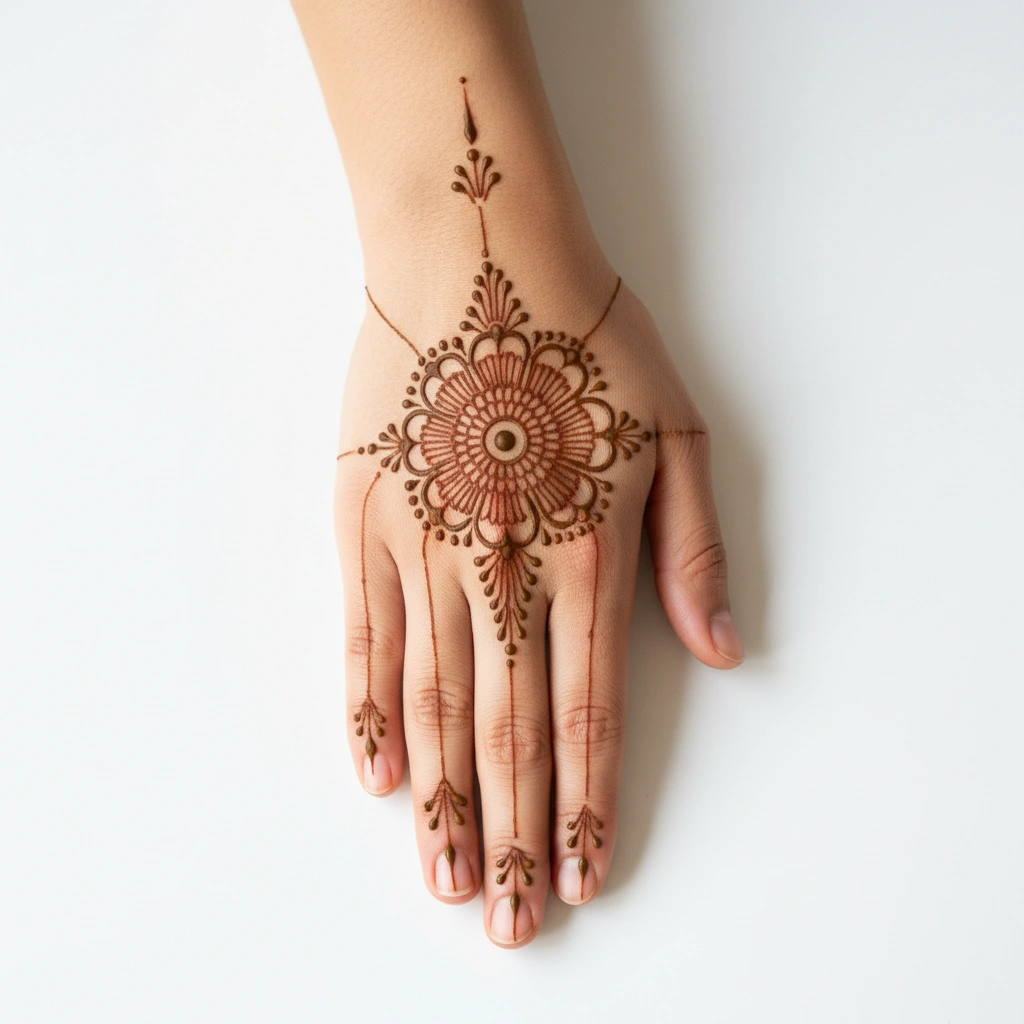 Minimal back hand mehndi design with elegant floral henna patterns
