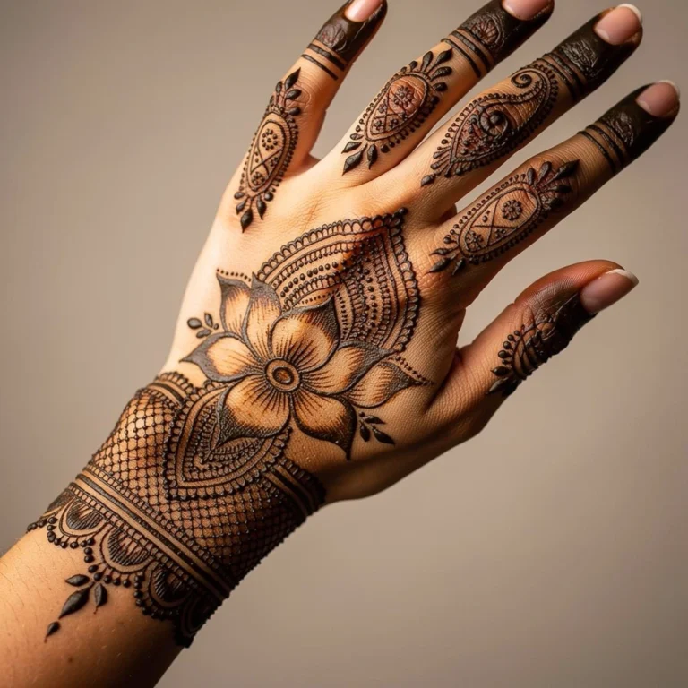 Beautiful modern back hand mehndi design featuring intricate floral henna artwork