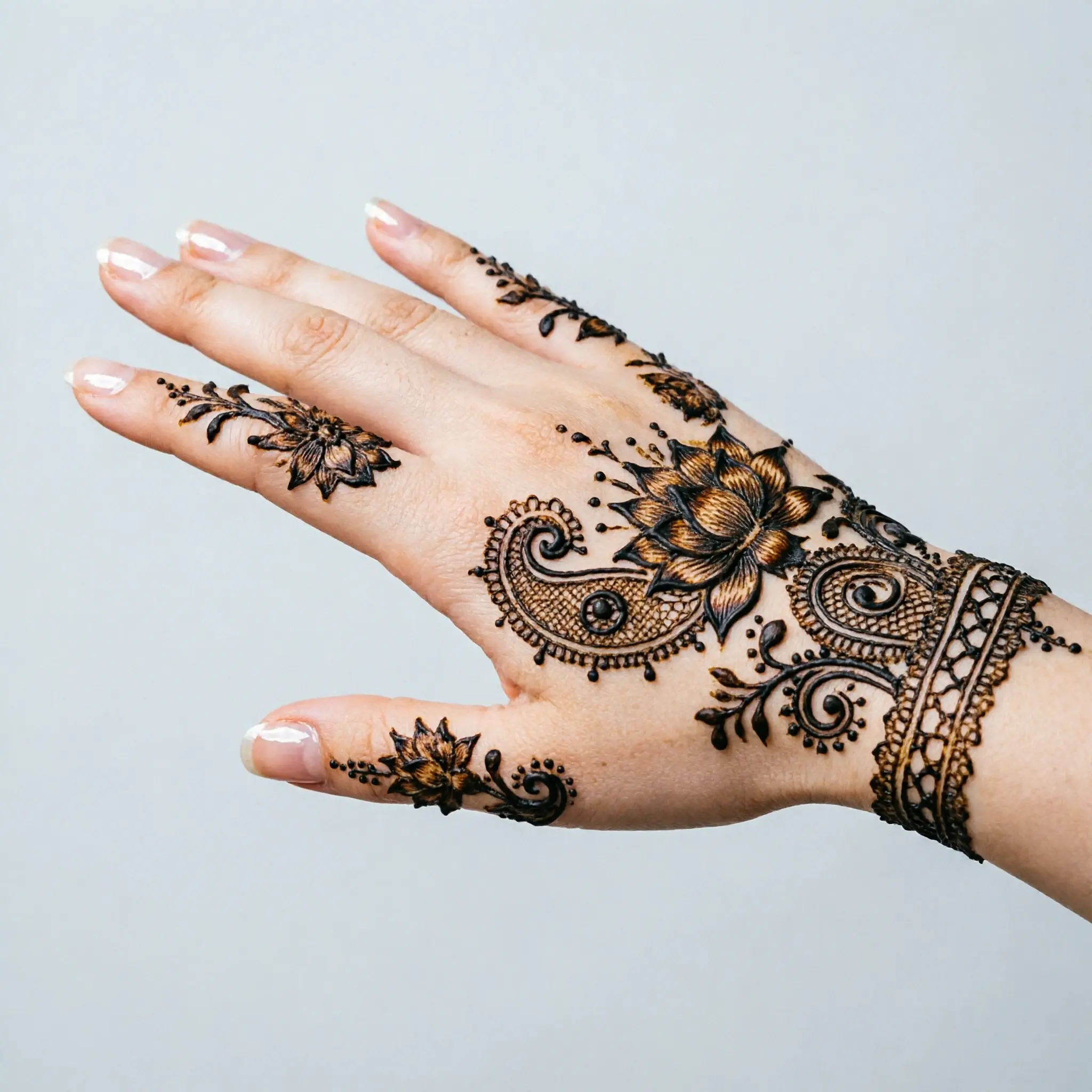 Modern artwork back hand mehndi design with elegant floral henna patterns