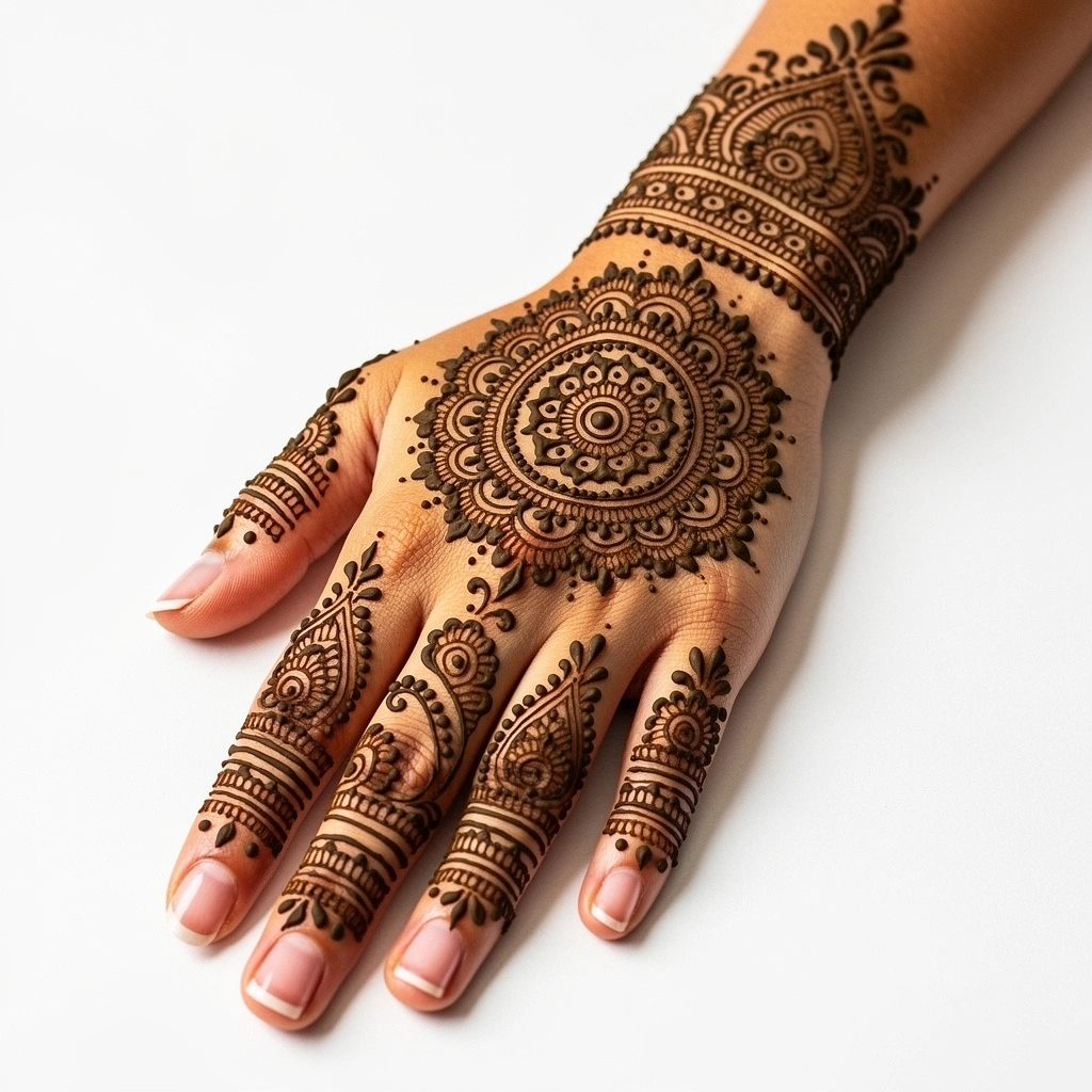 Beautiful back hand modern look mehndi design featuring intricate floral henna artwork