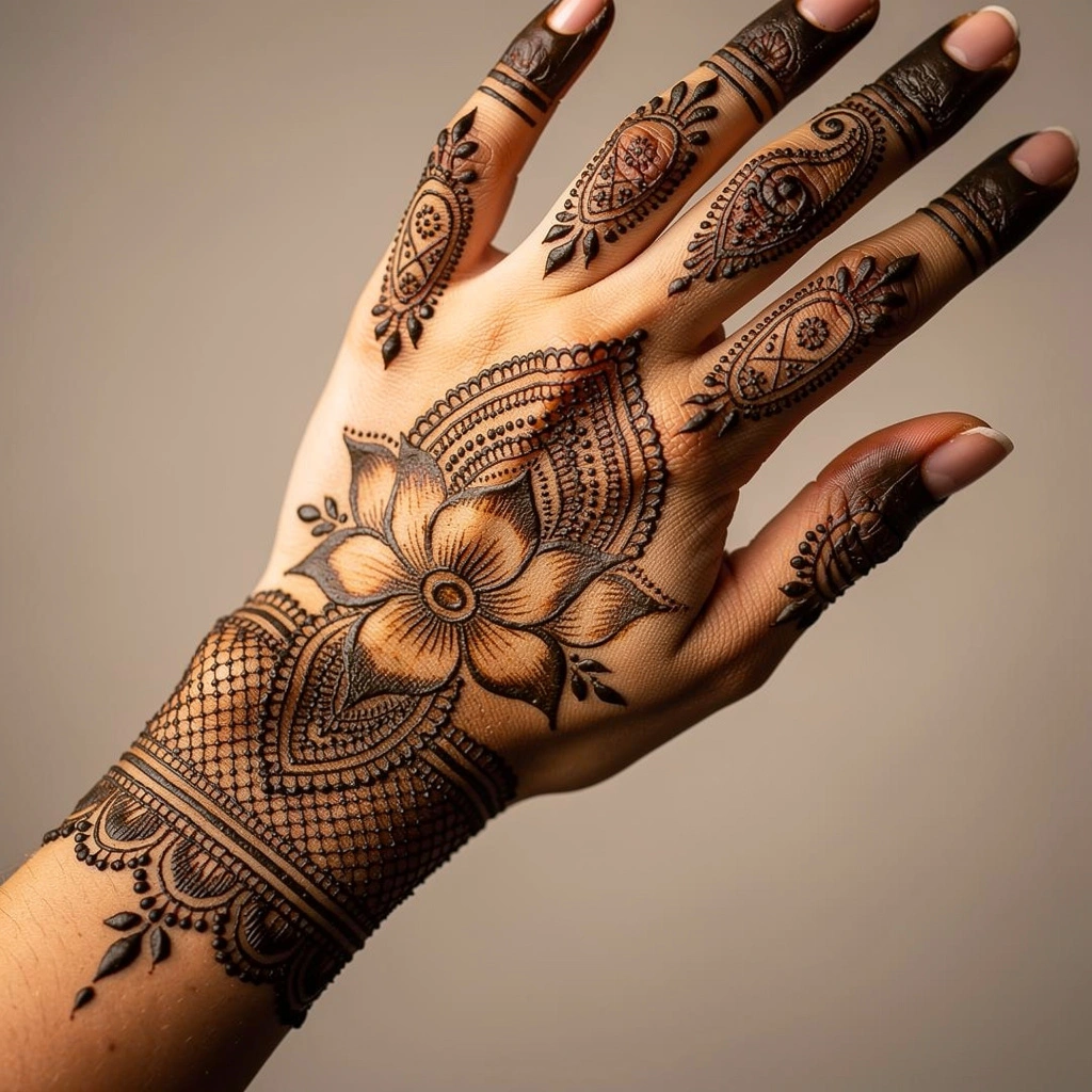 Beautiful modern back hand mehndi design featuring intricate floral henna artwork
