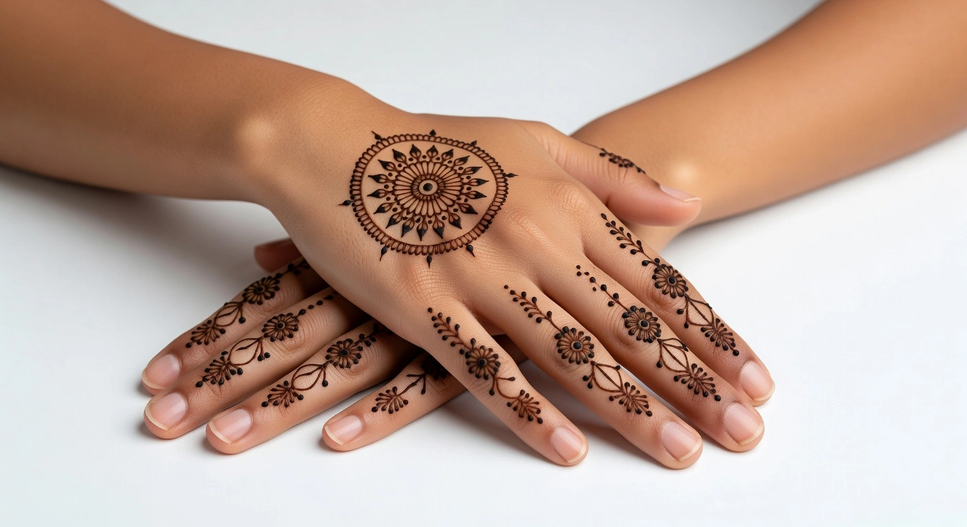 Beautiful quick back hand mehndi design featuring simple floral henna artwork