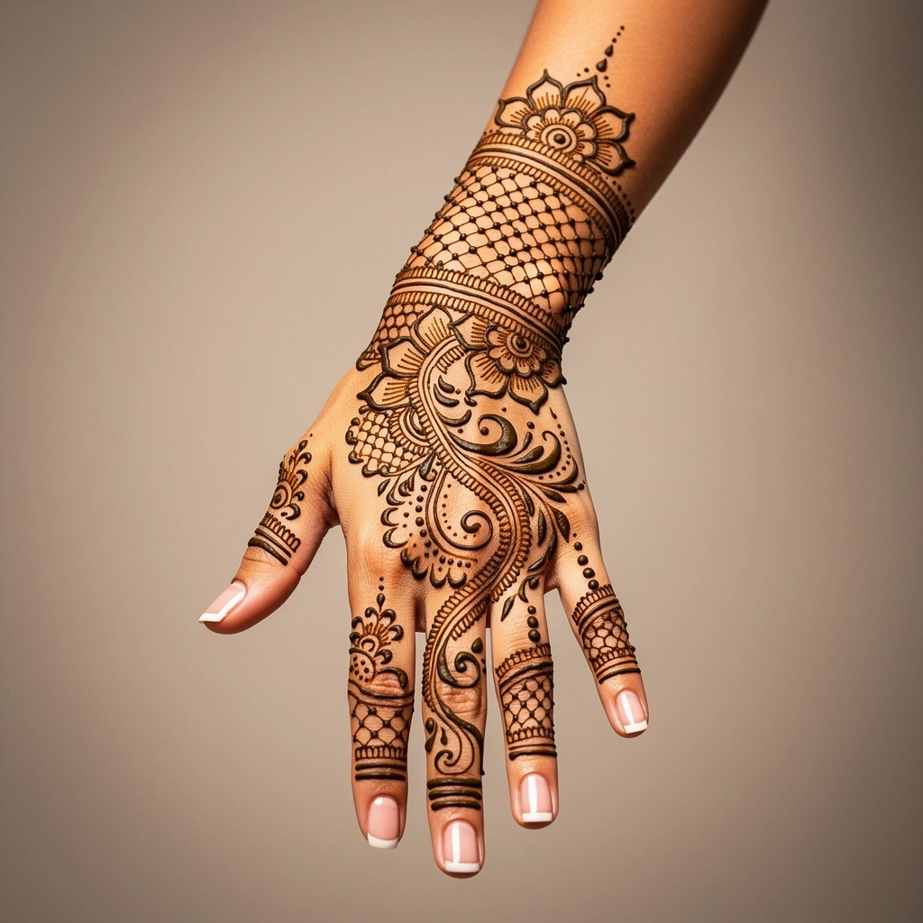 Beautiful back hand mehndi design featuring intricate rose flower henna patterns